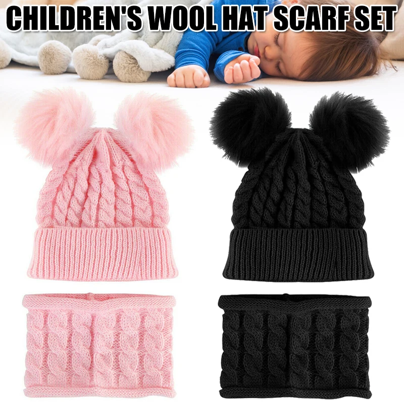 

Cute 1 set Kids Boy Girl Pom Hat Kit Winter Warm Knit Bobble Beanie Cap Scarf Set With Two Pompom Baby Warm Winter Caps