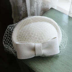 Paris Women Veil Bow Fedora Cap Blue Green White Burgundy Pillbox Beret Hat Ladies Wedding Party Pure Wool Felt Fedora Headwear