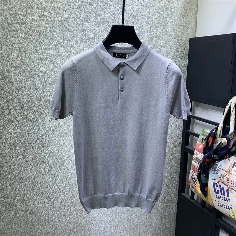 

Fashion Summer Men Short Sleeve Knitted Ice Silk Polo Shirts Men's Solid-color Lapels Tops Slim Fit Casual Polo Shirts Homme B46
