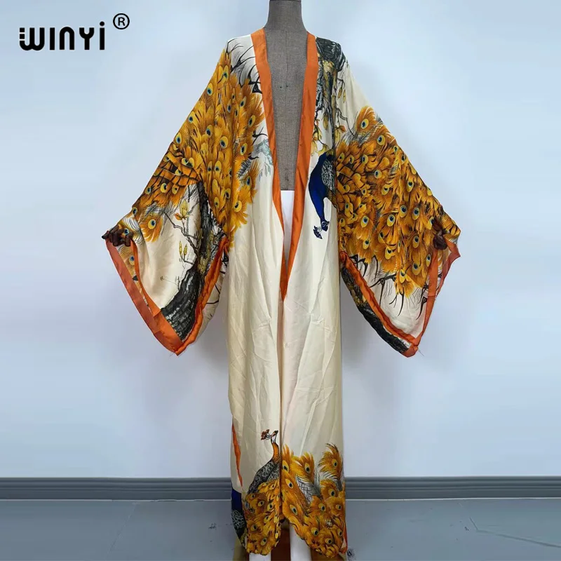 Kimono Dress Kaftan Bikini cover-up swimwear America Women clothes Coat African Floral Printed Front Open Traf Robe Muslim