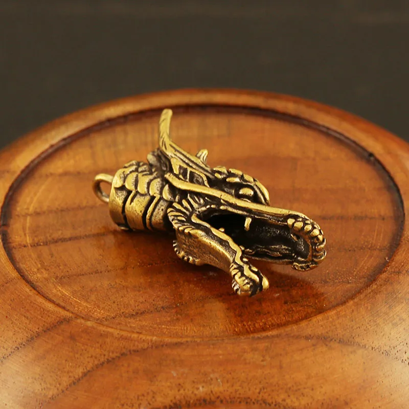 Handmade Bronze Mini Long Horn Dragon Head Key Pendants Car Keychain Charms Vintage Copper Men Women Keyring Bag Pendant Jewelry