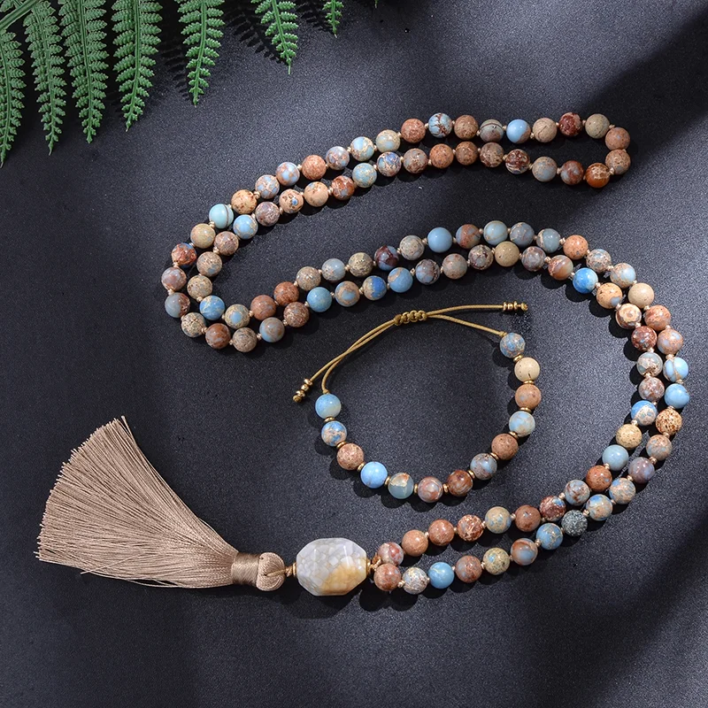 

8mm Emperor Jasper Beaded Knotted Japamala Necklace Meditation Yoga Blessing Jewelry Set 108 Mala Rosary Natural Stone Pendant