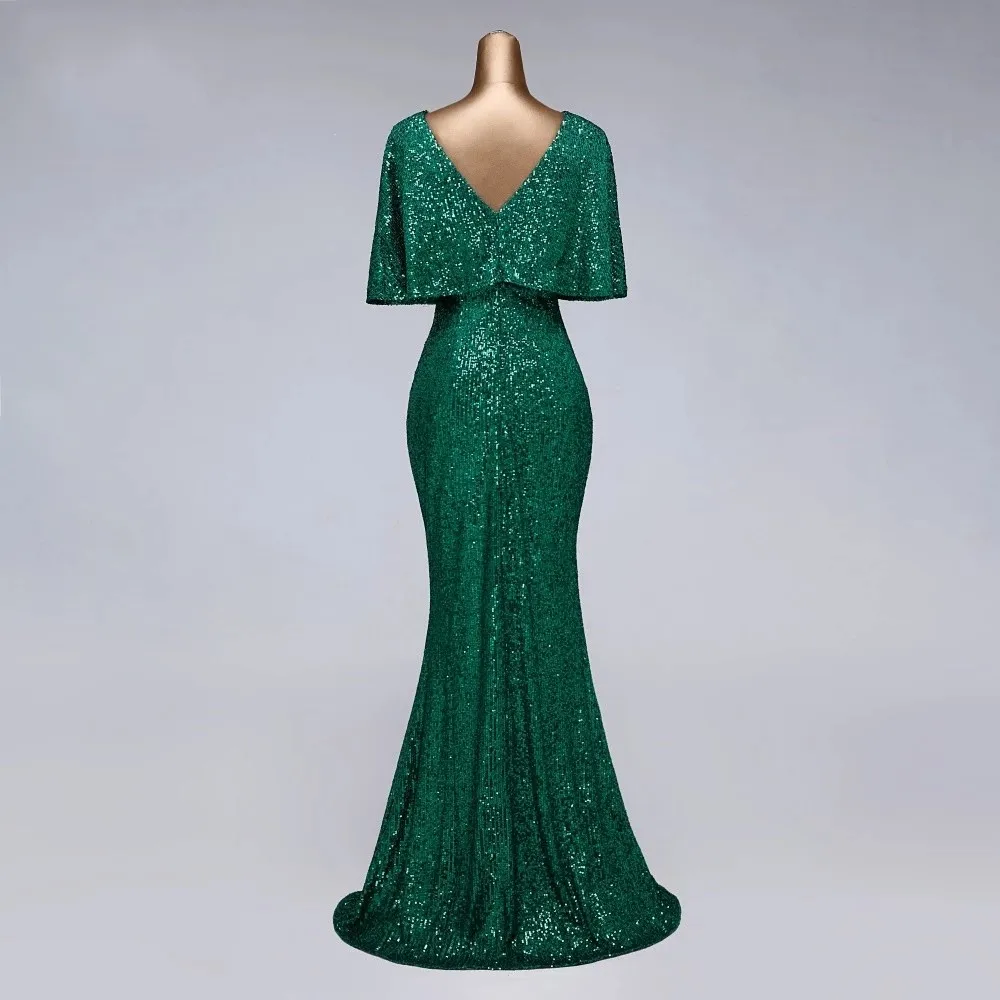 Sexy sequin Evening dress short sleeves vestidos de fiesta green dress evening gowns for women Party dress prom dresses