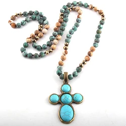 Fashion Bohemian Tribal Jewelry Stone Long Knotted Aqua Cross Necklaces For Women