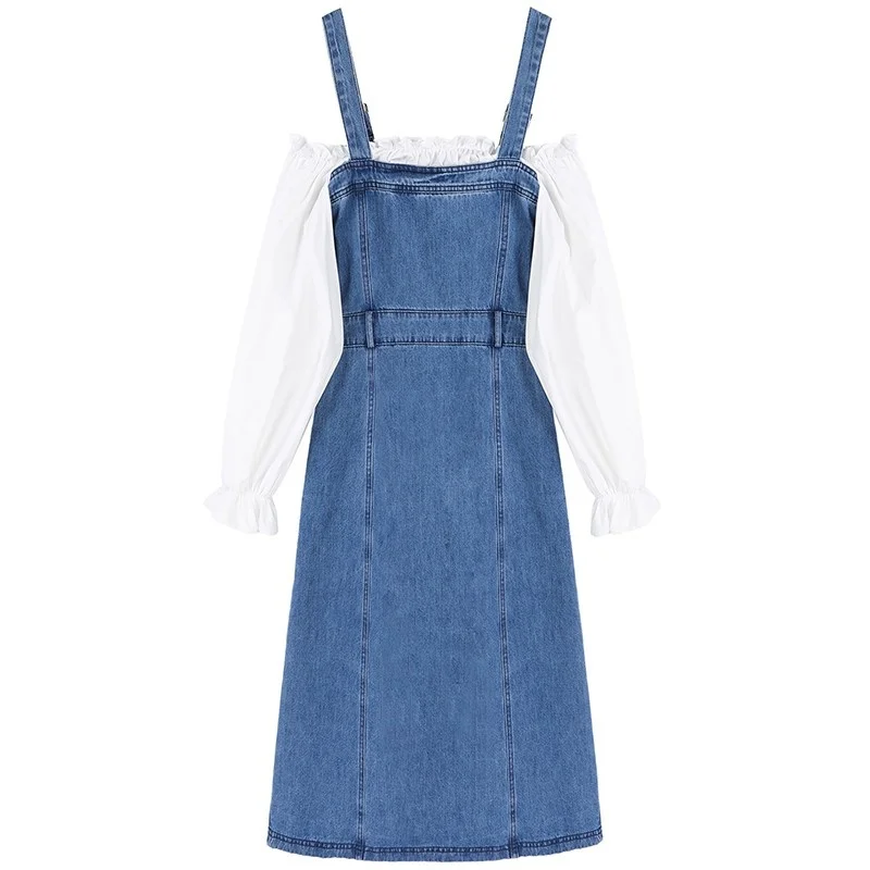 Two Fake Piece Denim Mid-Length Dress Office Lady High Waist Pullover Dress Square Collar Ruffle Sleeve Women Spring Slip Dress