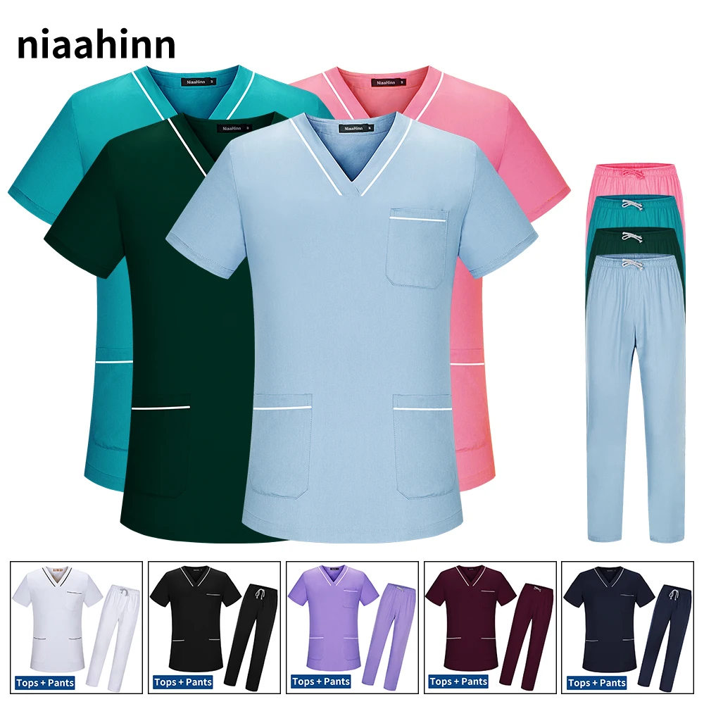 Vêtements de travail pour soins infirmiers, unisexe, pour toilettage d'animaux, pour médecin et infirmière, hauts et pantalons givrés, uniforme de gommage pour Salon de beauté, ensemble médical à manches courtes