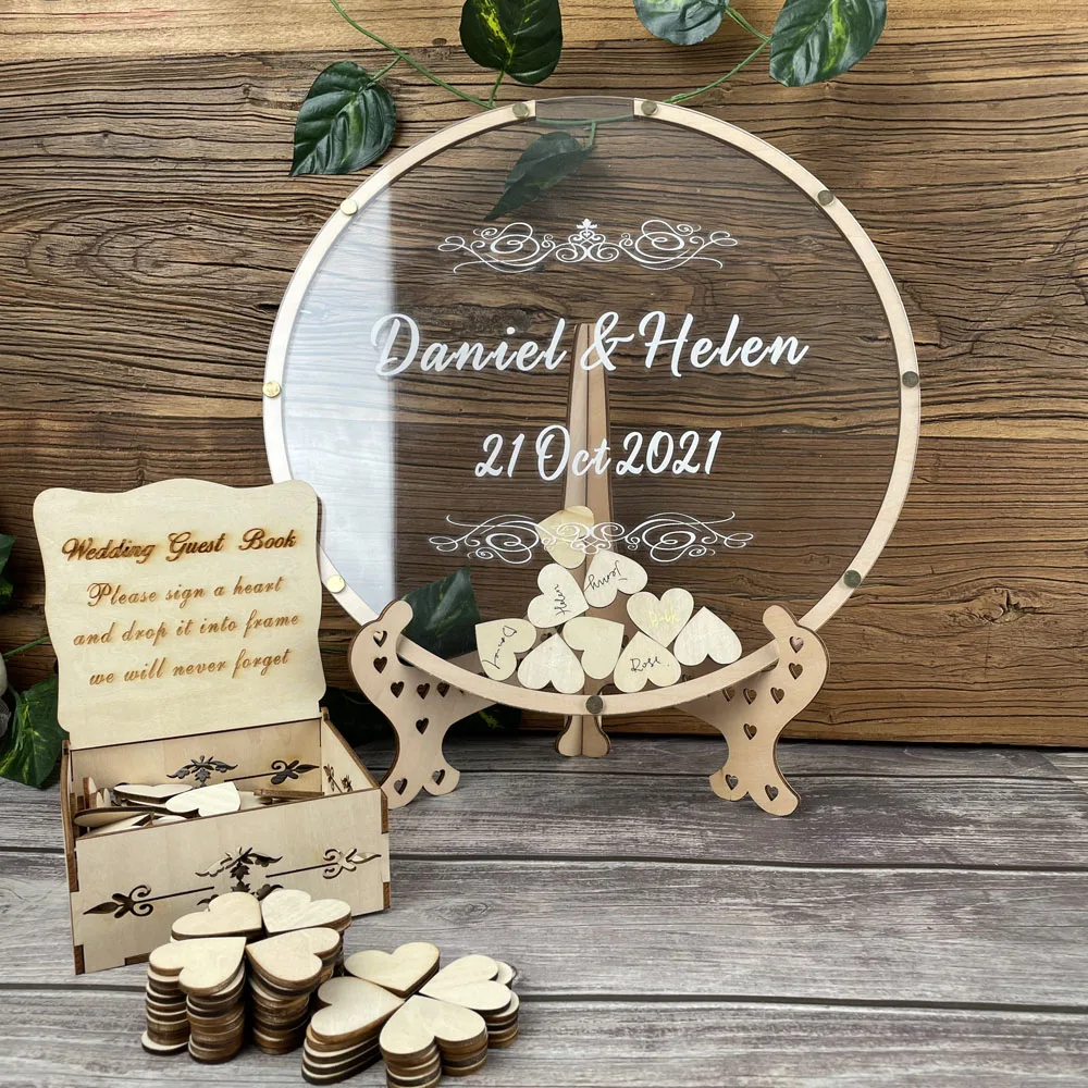 

Custom Circle Wedding Guest Book Transparent Round Acrylic Wood Border Personalized Name And Date Birthday Guest Book Drop Box