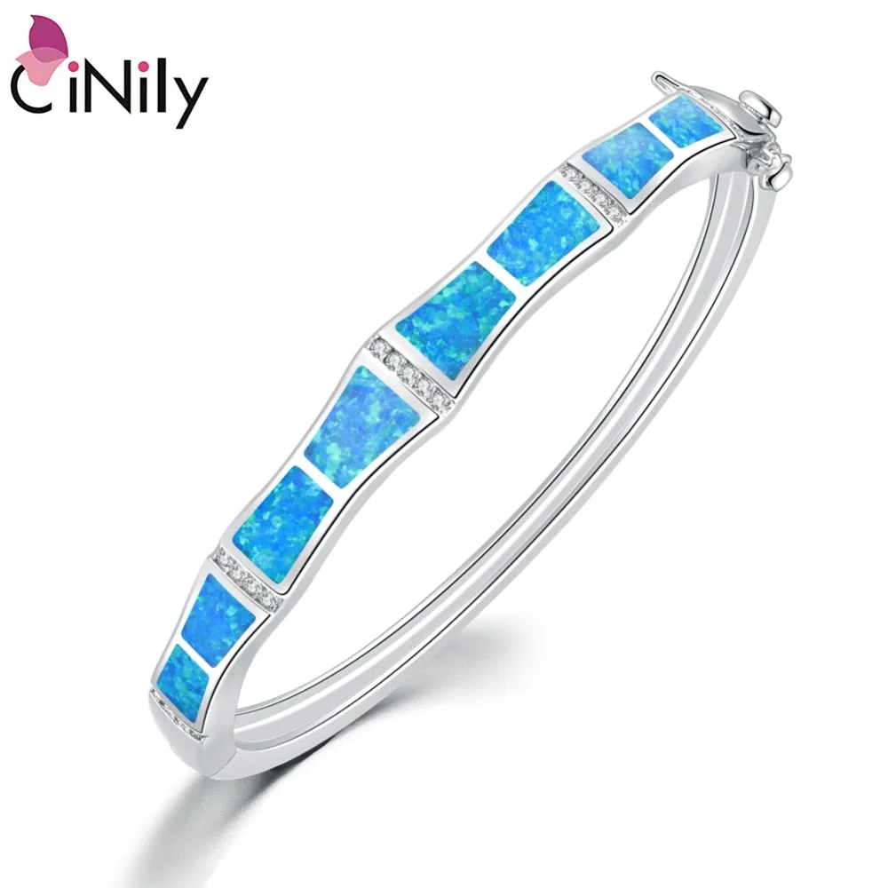 CiNily Plus Size White & Blue Fire Opal Stone CZ Crystal Filled Bangles Silver Plated Bohemia BOHO Vintage Luxury Jewelry Woman