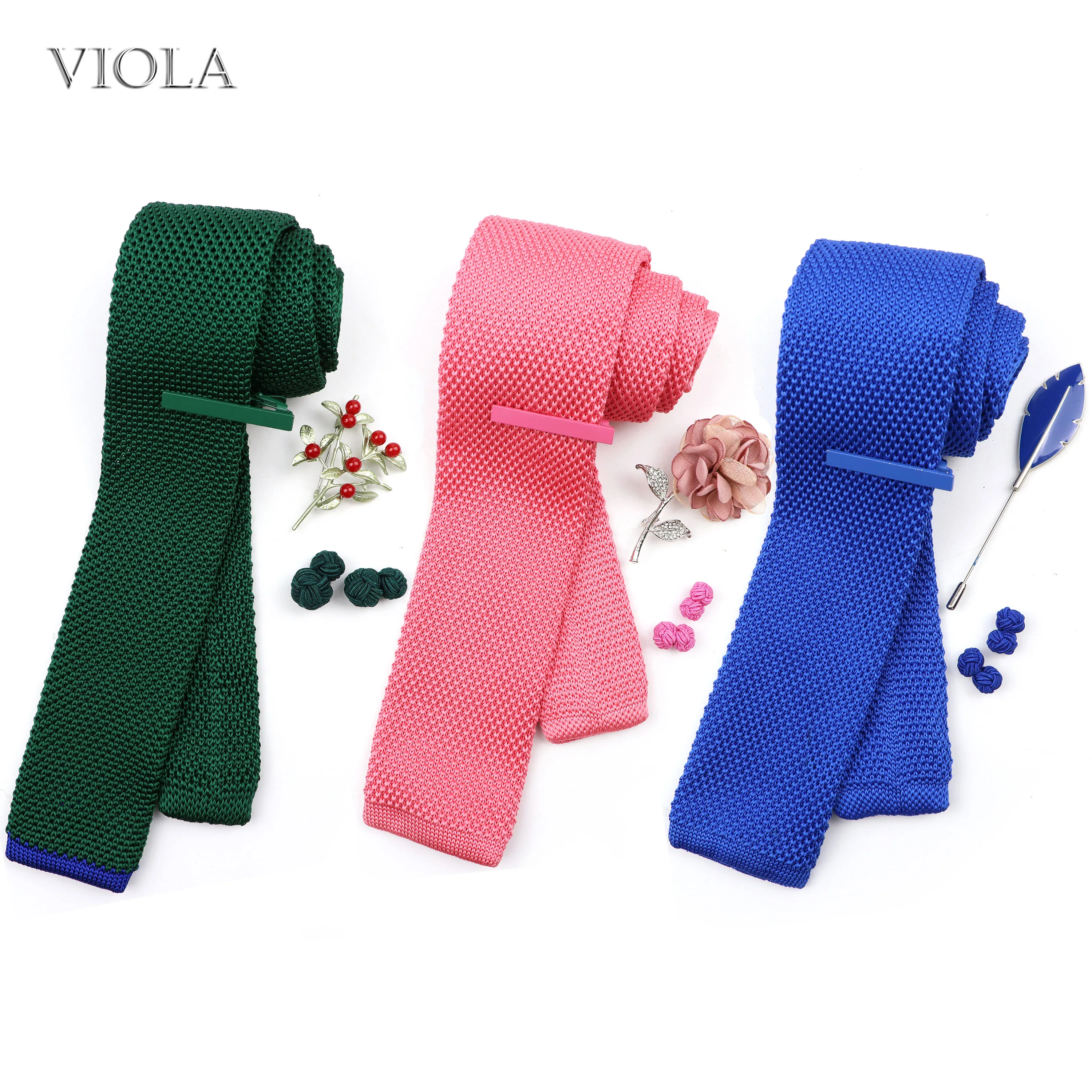 

4 PCS Tie Set Solid Knit Brooch Clip Cufflinks Blue Pink Necktie Pin Men Wedding Party Daily Suit Gift Advanced Cravat Accessory