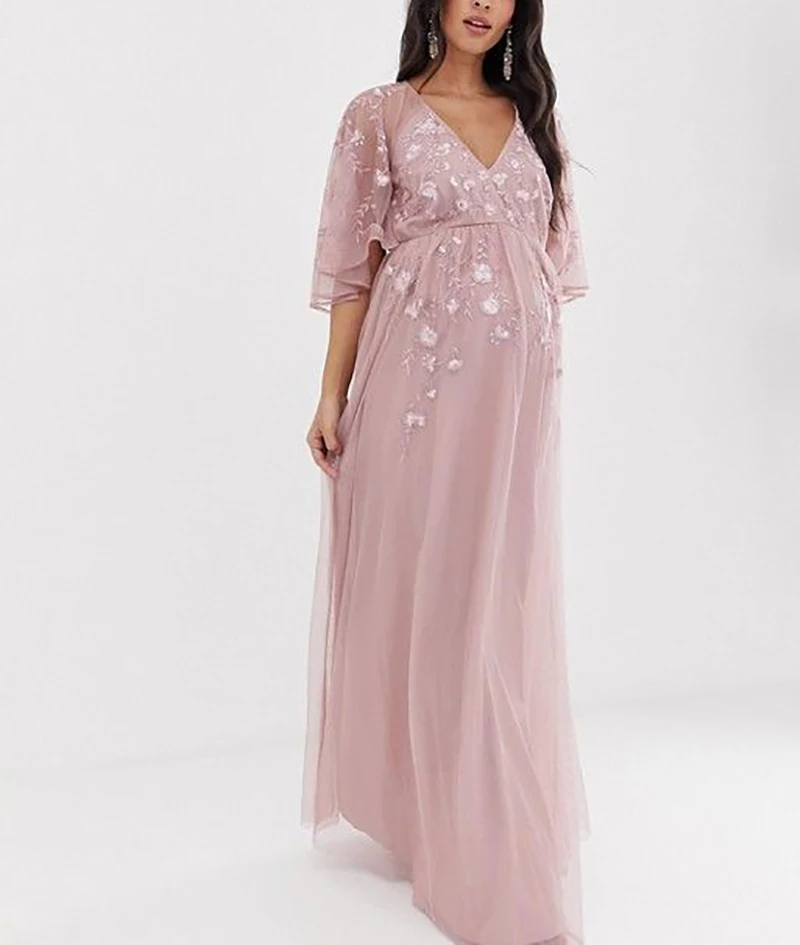 Bridal Bathrobe Sleepwear Nightgown Wedding Prom Party V-neck applique maxi dress with flutter sleeve pregnant Women Pajama