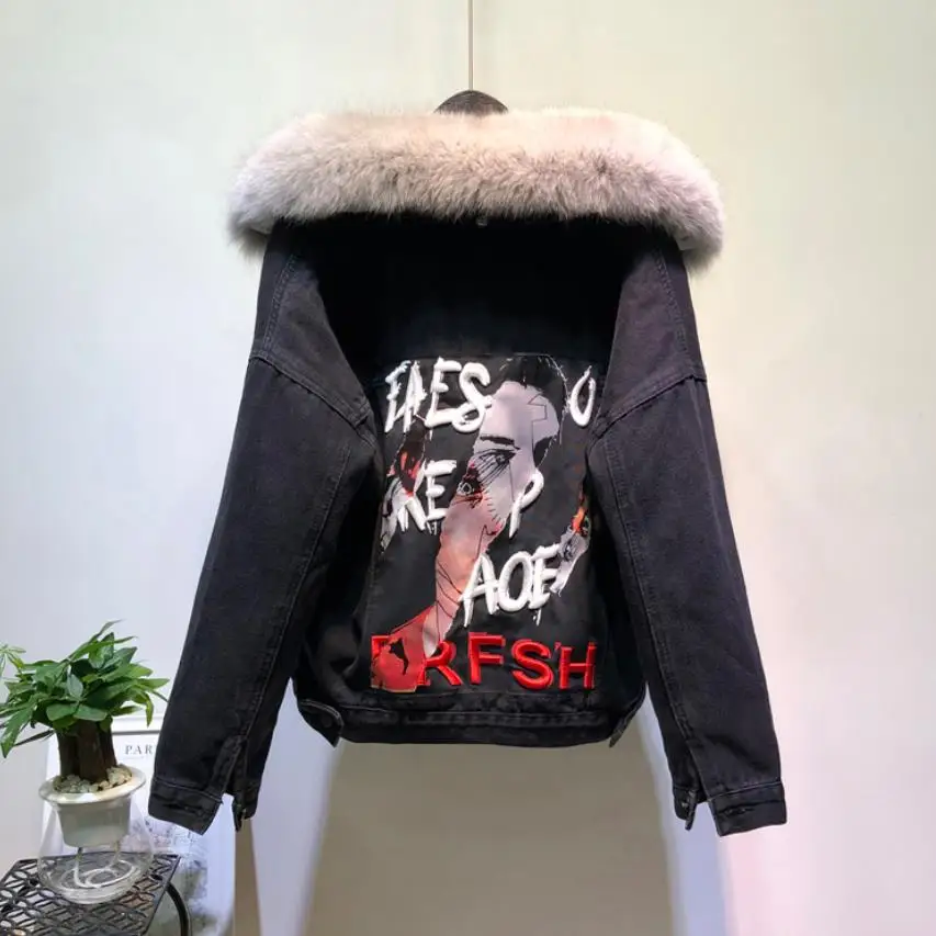 Winter Fashion Warm Natural Fox Fur Collar coat + Real Rabbit Hair Liner Denim Jacket Female beading Thick Real Fur Outwear F703