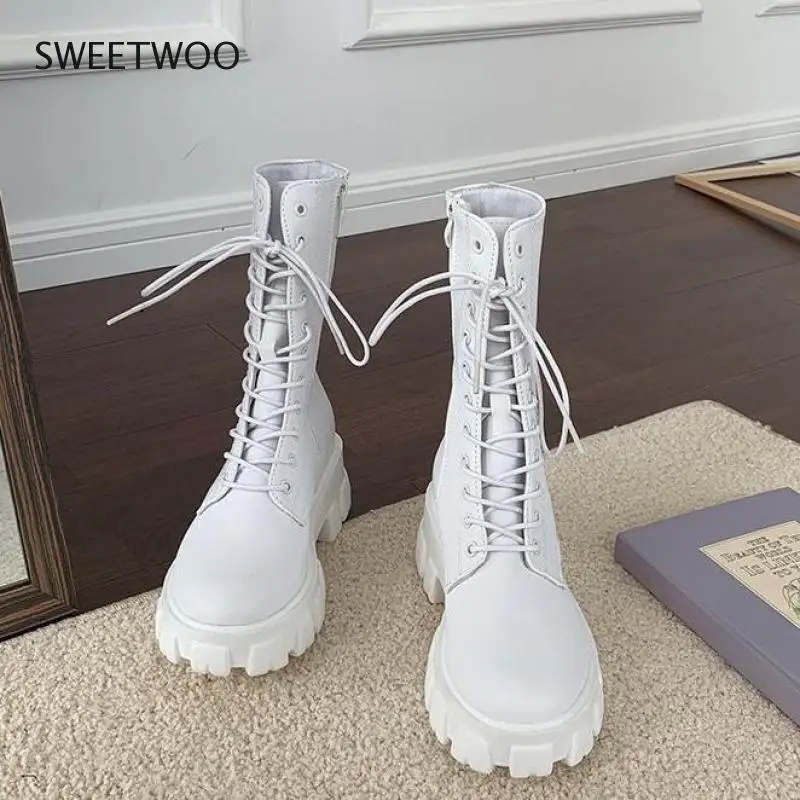 2021 New Mid Calf Boots Women Autumn Winter Fashion Lace-up Zipper Boots Sports Platform Heel Ladies Shoes