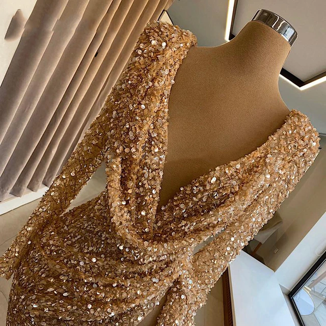 Robe de soirée en paillettes dorées et brillantes pour femmes, tenue de bal  Chic et formelle, col en V profond, sur mesure, moyen-orient, 2020 -  AliExpress