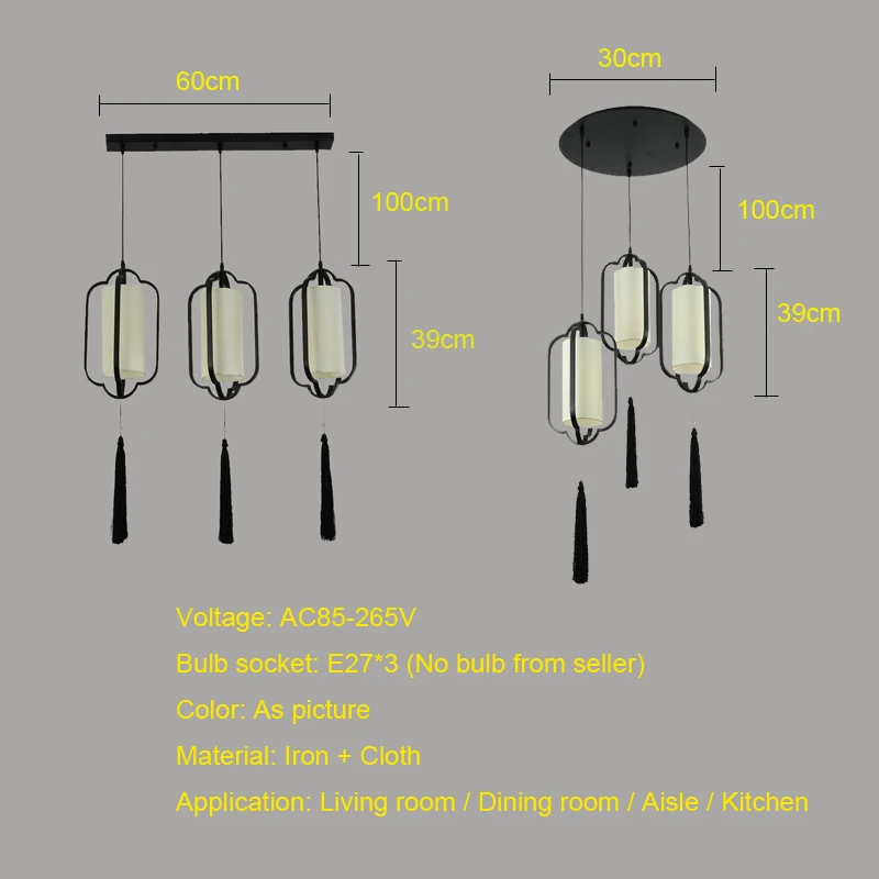 New Chinese Cloth Pendant Lamp 3 Heads Droplight Dining Room Kichen Chandelier Long Bar Lightting Design Table Light Fixture