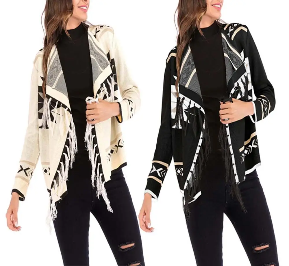 

Женский вязаный Укороченный кардиган с кисточками, свитер, пальто, женская верхняя одежда с отложным воротником и длинным рукавом, геометрические узоры, открытая строчка