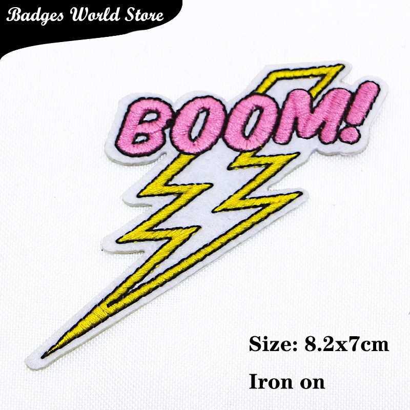 Rectangle Lightning Boom Shield Polychrome Word Icon Embroidery Applique Patches For Clothing DIY Iron on Badges on the Backpack