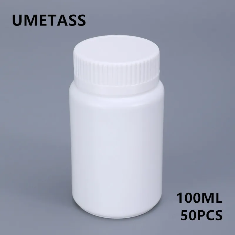 Empty 100ML white plastic Bottle with screw cap Food Grade HDPE medicine bottle pill capsule vitamin container 50PCS