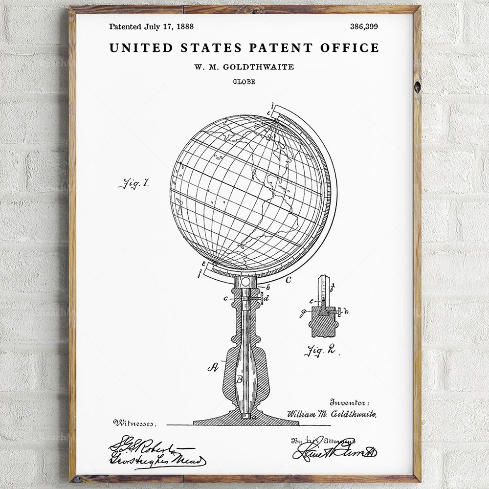 World Globe براءة اختراع طباعة خمر مخطط جدار الفن غرفة المعيشة المنزلي ديكور Rétro Affiche. ديكور جدارية دي لا مكتبة دي جيوج