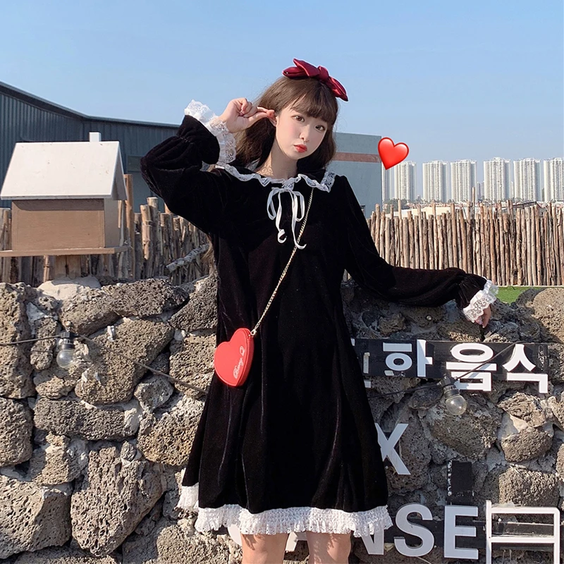 kawaii clothing sweet lolita dress Women's Autumn Japaneset Lace Sailor Collar Sleeve Mid-Length Slimming Long-Sleeved Dress