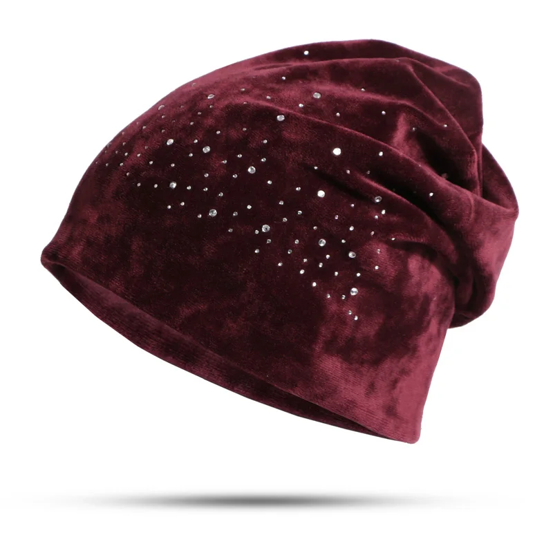 2019 Winter Velour Slouchy Beanie Hat for Women Cashion Rhinestones Diamond Skullies&Beanies Female Balavaca Soft Warm Hats