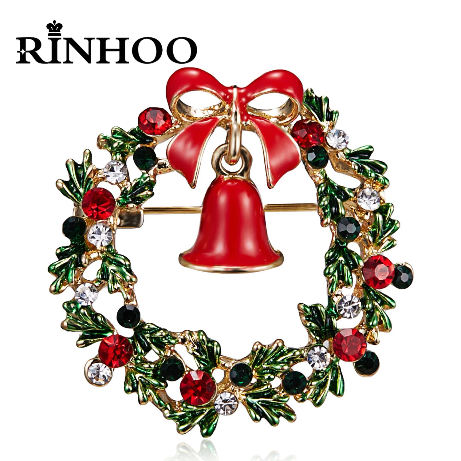 Rinhoo Merry Christmas Wreath Brooches Xmas Bells Snowflake Heart Garland Lapel Pins Bowknot Star Enamel Badge New Year Jewelry