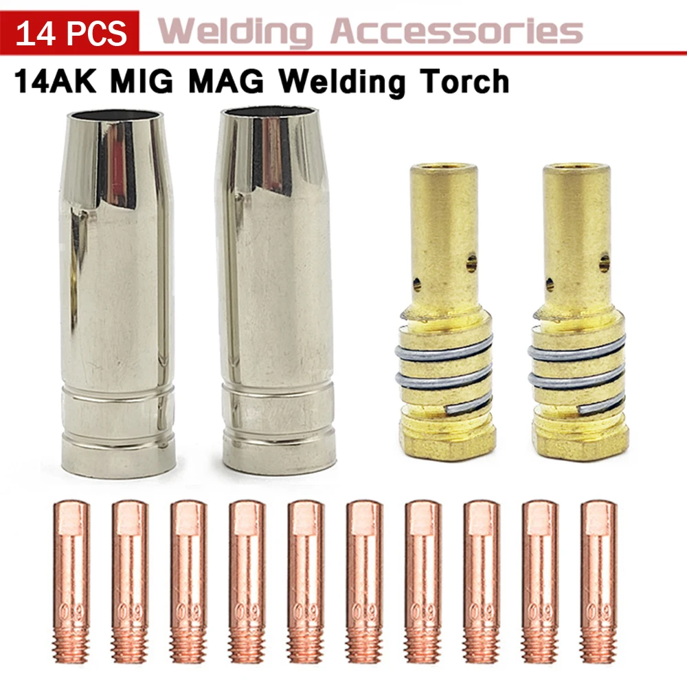 14Pc MIG-14AK Welding Torch 0.6mm/0.8mm/0.9mm/1.0mm/1.2mm Consumables Torch Gas Nozzle Tip Holder For 14AK MIG MAG Welding Torch