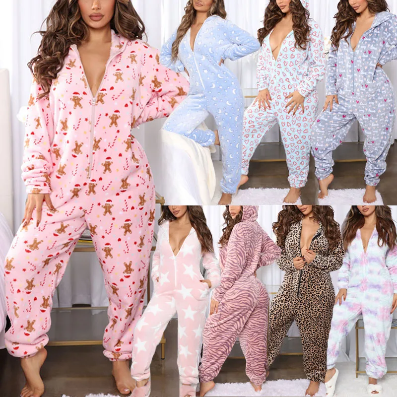 Pijamas navideños con capucha para mujer, mono polar con estampado de copos de nieve y alces, pelele de manga larga con cremallera, ropa de descanso para Otoño e Invierno