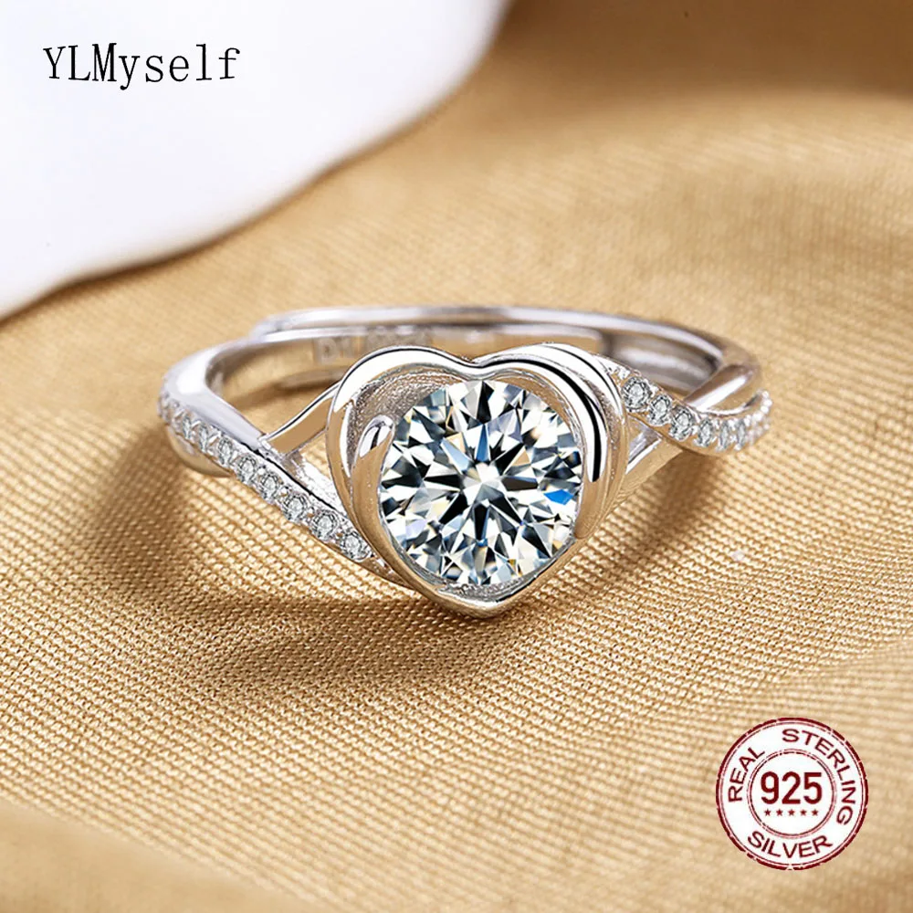 

6.5mm 1 Carat Moissanite Stone Ring For Lady Real 925 Silver Heart/Square Design Free Adjustable Size Wedding Fine Jewelry