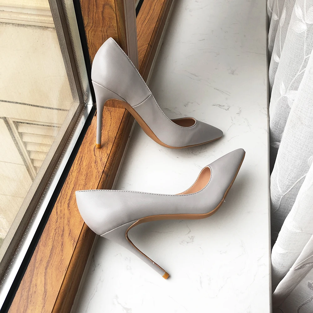 Tikicup Solid Grey Matte Women Pointy Toe 8-12cm High Heel Shoes Office Ladies Elegant Fashion Comfortable Stiletto Pumps Gray