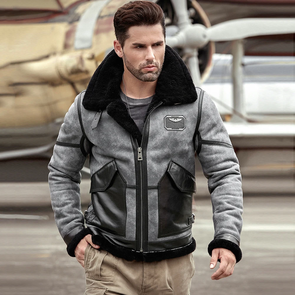 Denny&Dora Men's Brown B3 Shearling Jacket Airforce Flight Leather Jacket Classic Style Men's Outerwear