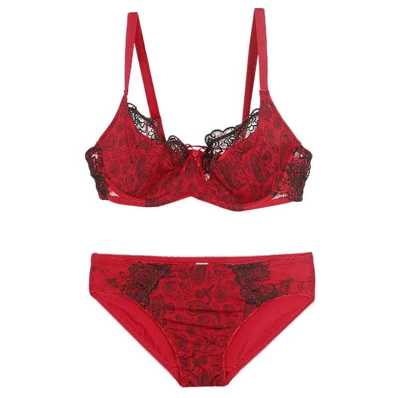 Sexy Lace Lingerie Print Bow Decorative Push Up Bras Sets DE Cup High Quality Cotton Back Closure Strappy Underwear