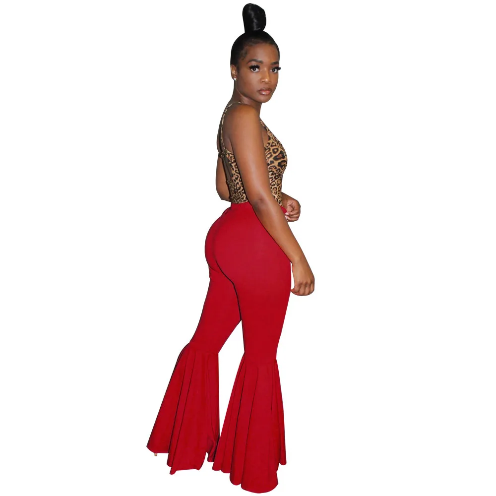 Fashion Ruffle Flare Pants Wide Leg Women Colorful Bodycon Mid Waist Bell-Bottoms Pant Vintage Solid Trouser