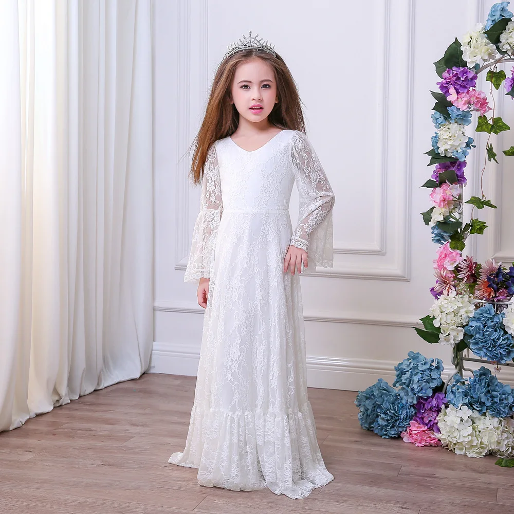 

Real Photo First Communion Dresses For Girl Little A-line V-neck Long Sleeves Lace Long Flower Girl Dresses For Weddings