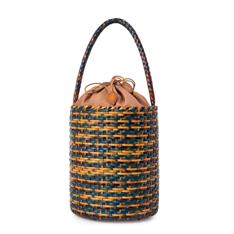 Bucket bag ethnic style round bucket bag Vintage Tote Bag Cowhide hollow woven bag Genuine Leather Women Shoulder Bag woven