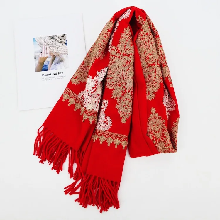 Luxury Brand Scarf Thick Winter Women Scarf Warm Cashmere Cashew Embroidery Tassel Shawl Wrap Blanket Hijab Lady Scarf Pashmina