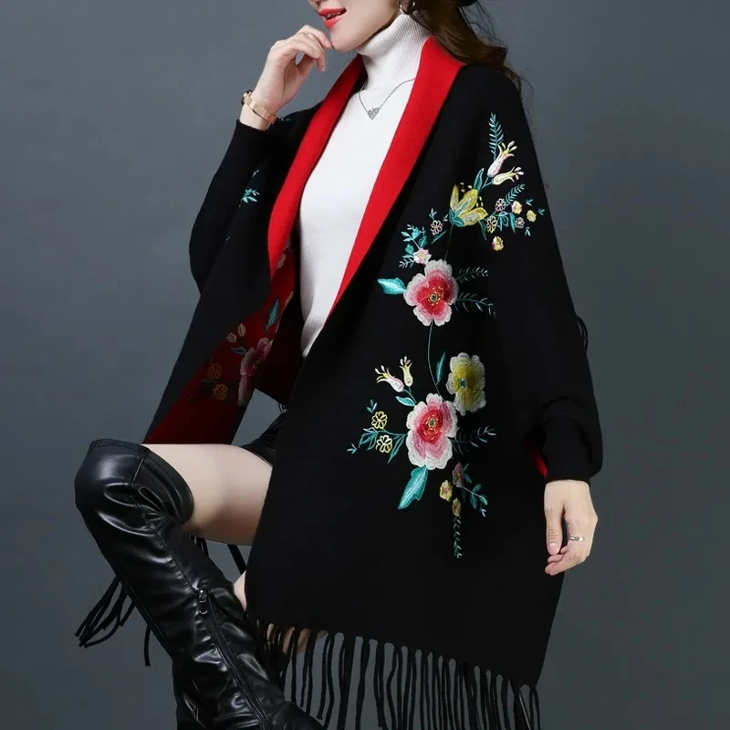 

Embroidered Shawl Cardigan Poncho Women With Sleeves Double-sided Tassel Cloak Thick Coat Pull Femme Autumn Winter Knitted Cape