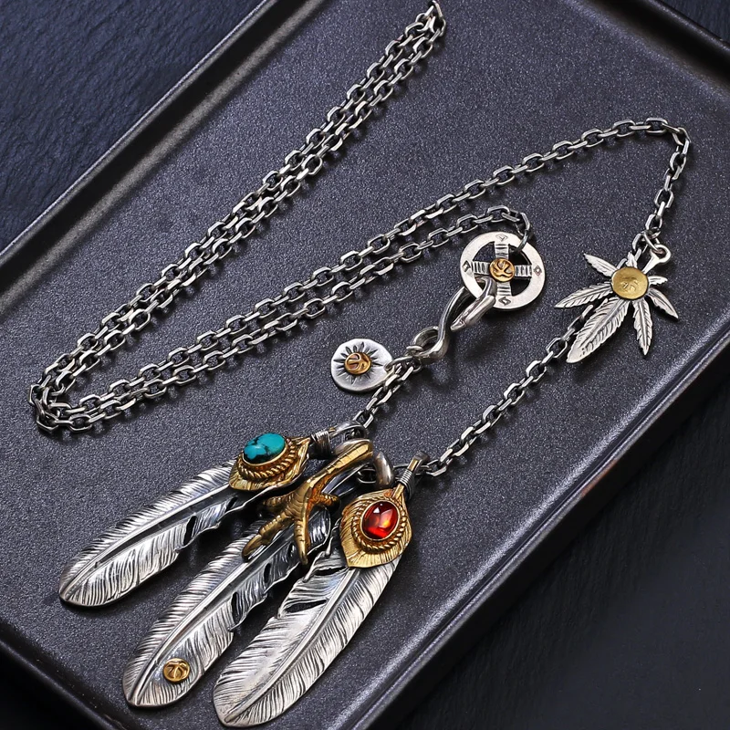 

S925 sterling silver jewelry Takahashi Goro turquoise feather silver necklace female men's sweater chain