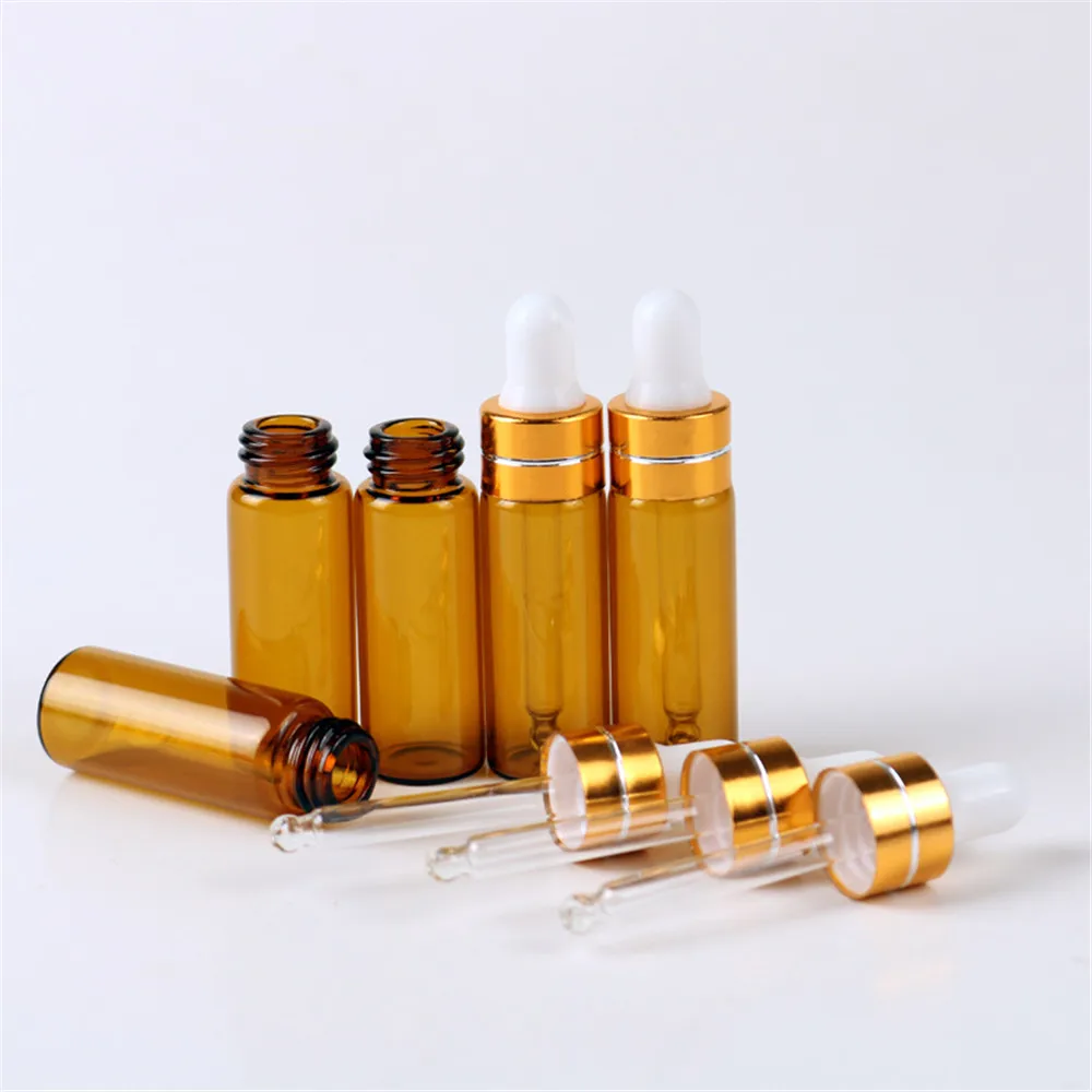 50 pz 1ml 2ml 3ml 5ml bottiglia contagocce vuota ambra olio essenziale vetro marrone goccia per massaggio bottiglie di Pipette cosmetiche ricaricabile