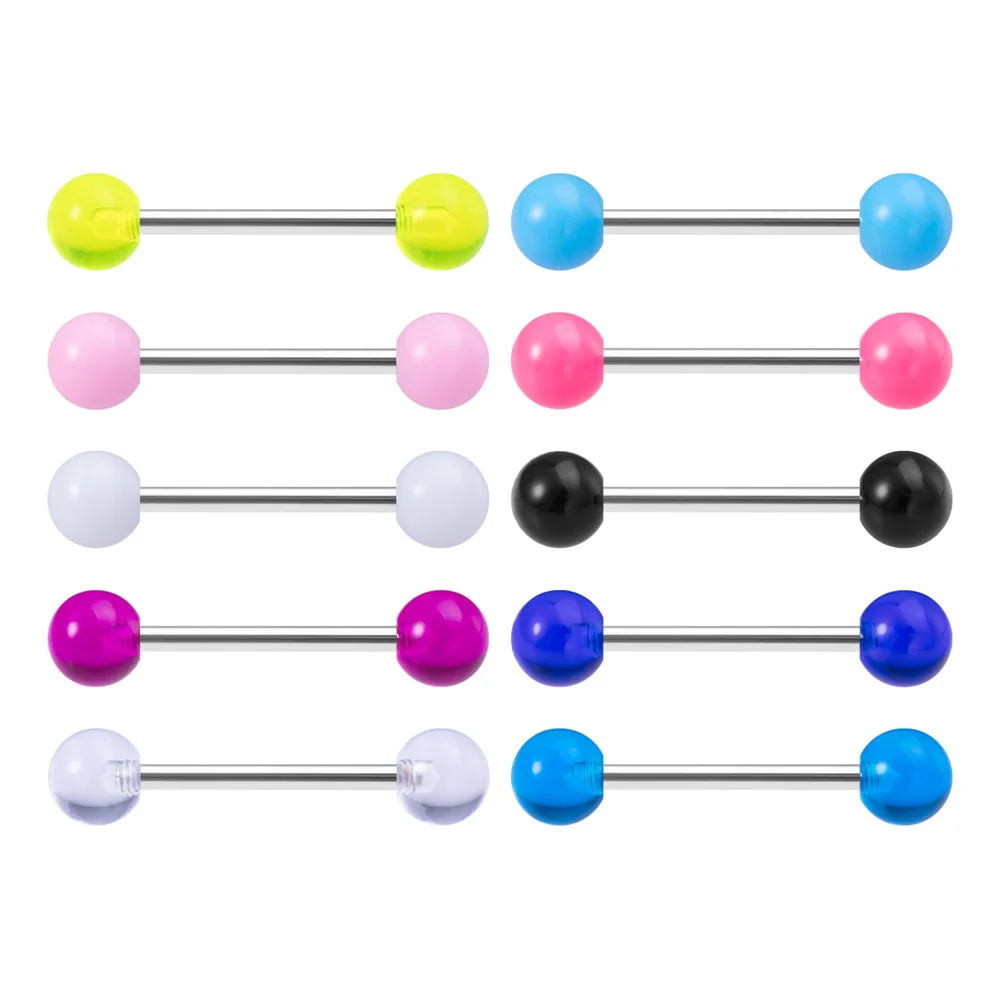 10 Stück Zungenringe, bunte Acrylkugel, 14 g, chirurgischer Stahl, gerade Zungenpiercing-Hanteln für Frauen, Körperpiercing-Schmuck – Detail 2