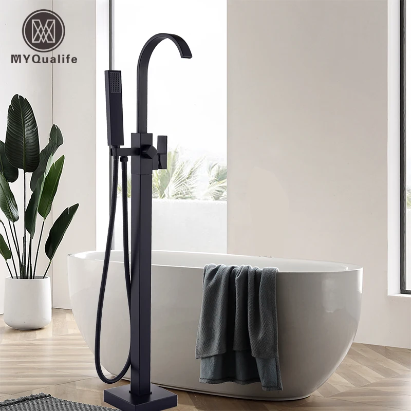 Luxury Matte Black Bathtub Faucet Freestanding Bathroom Tub Faucet  6 Types Spout Floor Mounted Bath Shower Mixer Tap