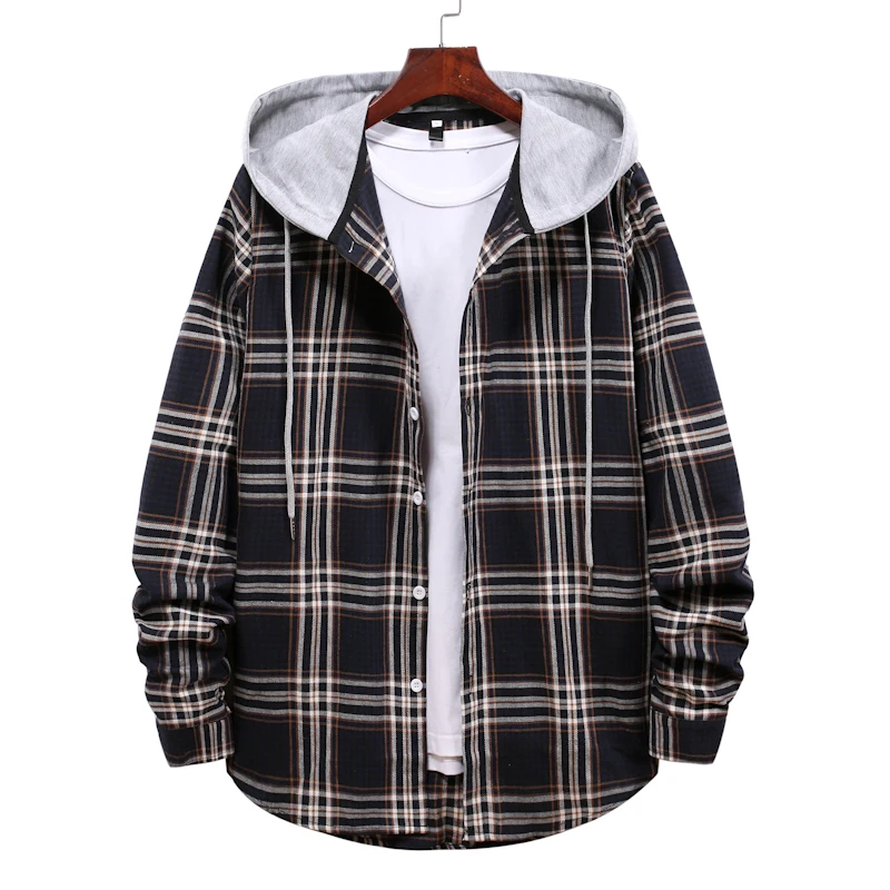 Korean Streetwear Hooded Oversize Shirts Men Women Casual Plaid Printed Long Sleeve Shirt Fashion Hip Hop Workwear Chemise Homme