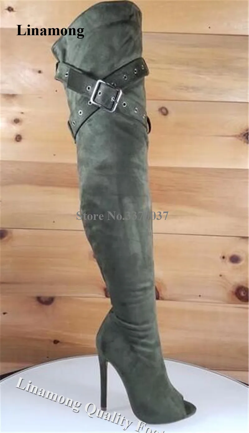 

Newest Women Peep Toe Suede Leather Over Knee Stiletto Heel Gladiator Boots Metal Buckles Strap Cross Long High Heel Boots Heels