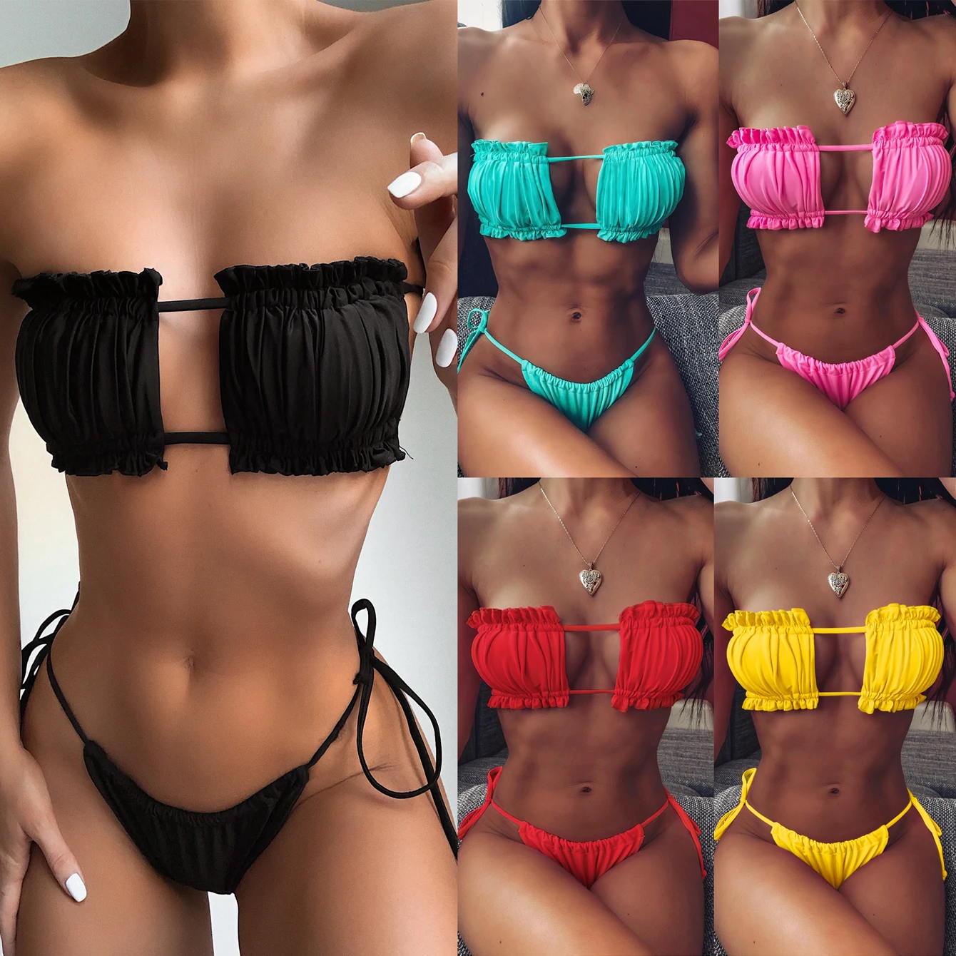 Hot Sexy Folds Bikini Women Swimwear Bathing Suit Bandeau Bikini 2025 Mujer Micro Swimsuit Female Push Up Two-piece Suit Summer