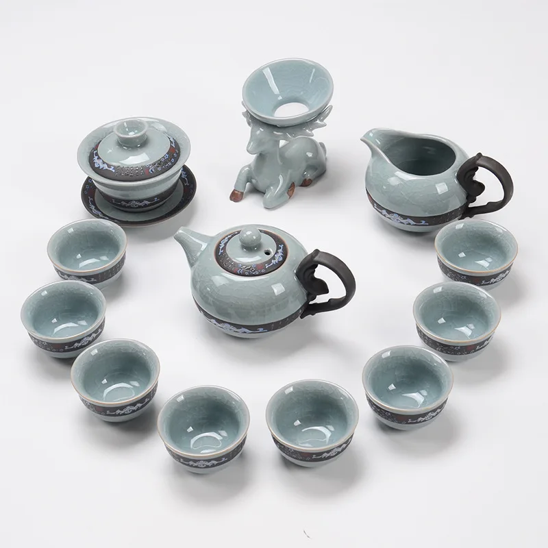 

Kungfu tea set complete set of relief restoration Geyao celadon tea set