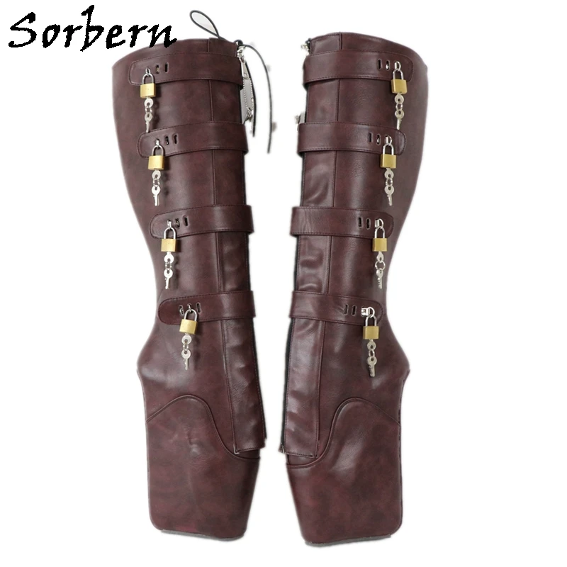 Sorbern Matt Knee High Boots For Women 18Cm 10 Keys Lockable Beginner Ballet Wedge Boot Heelless Fetish Purple Rub-Off