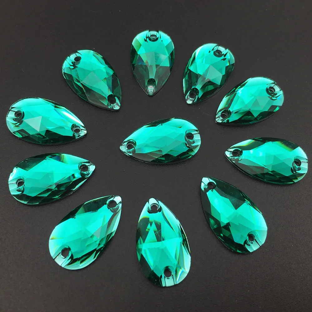 New 11x18mm Green Zircon Color Pear Resin Sew On Rhinestones Flatback 2 Holes Teardrop Stones for Wedding Dress