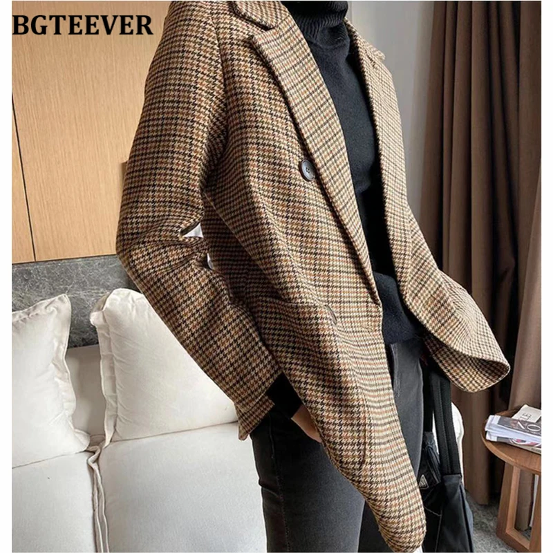 BGTEEVER Vintage Double Breasted Women Houndstooth Plaid Suit Blazer 2021 Spring Full Sleeve Sashes Belted Female Blazer Outwear