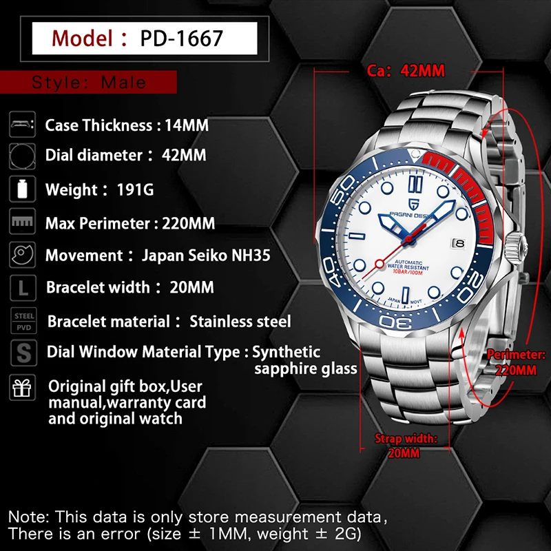 2024 PAGANI DESIGN Top brand Luxury Men automatic watch 007 men mechanical watches Curved sapphire Waterproof clock Chocie Gift