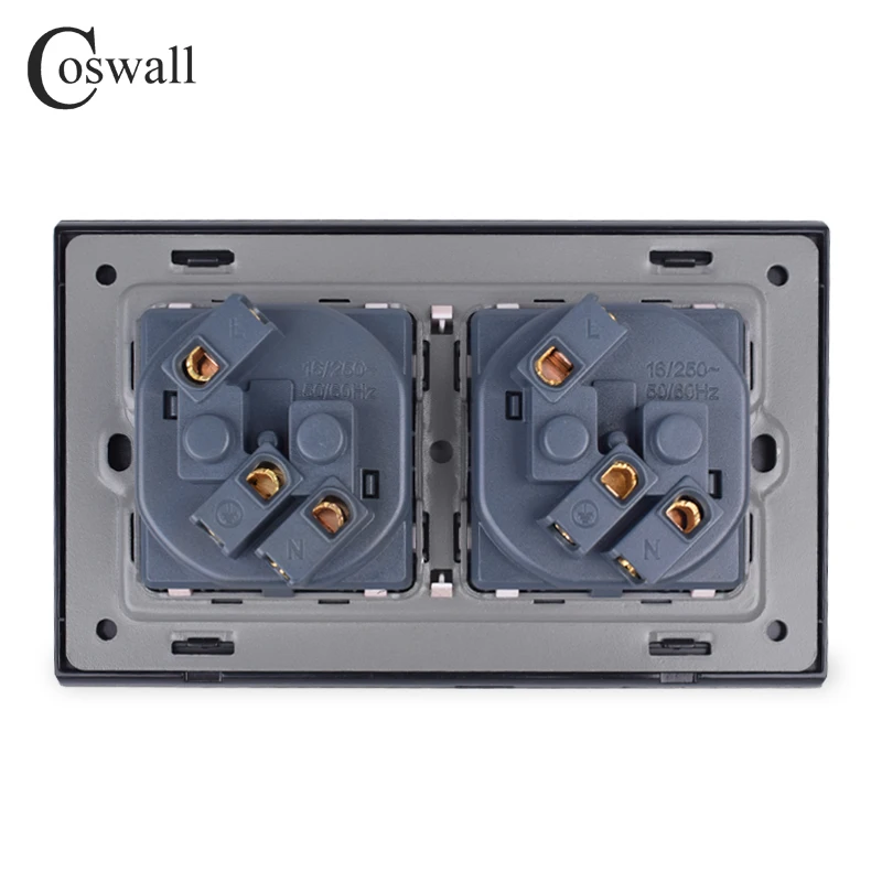 COSWALL 16A Double EU Standard Wall Socket Luxury Power Outlet Grounded Stainless Steel Panel With Children Protective Door