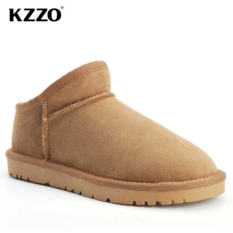 KZZO Classic Sheepskin Suede Leather Snow Boots For Women Natural Wool Fur Lined Short Mini Winter Warm Shoes Non-slip Maroon